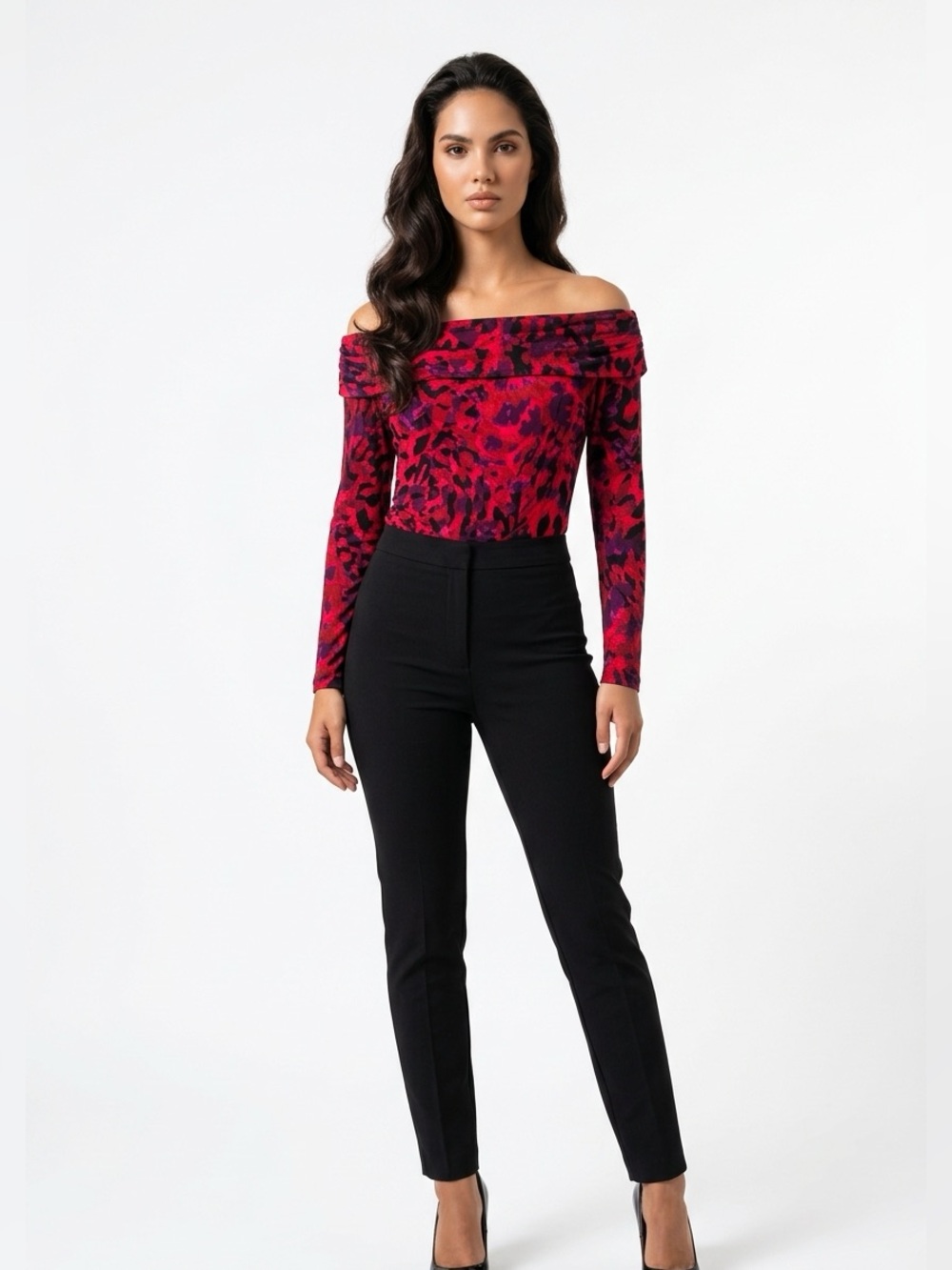 Halston Red Leopard Print Draped Neck Long-Sleeve Top Large